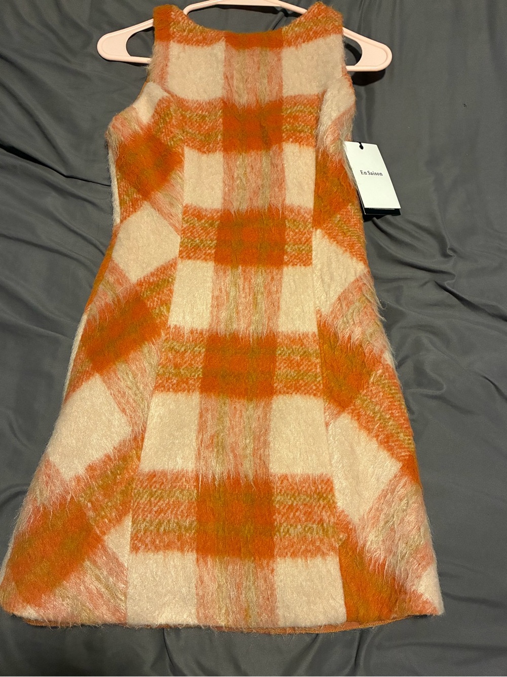 En Saison Cream and Orange Plaid Teddy Dress